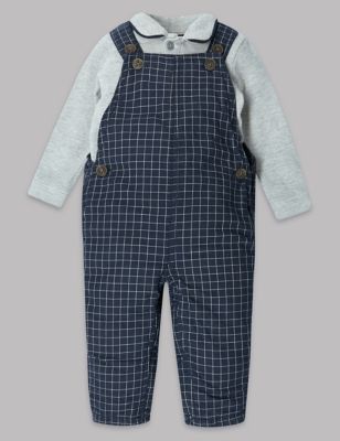 2 Piece Pure Cotton Checked Dungarees Outfit